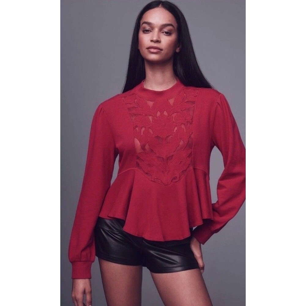 Anthropologie Cutwork Swing Top Pink Embroidered Floral Sweatshirt Sz S Boho